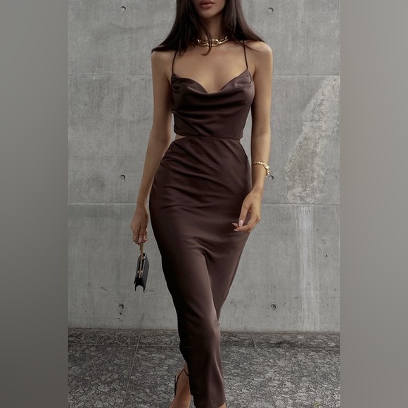 Revival Slip Dress Chocolate Brown Satin w/ Tie Back Sz S - Picture 1 of 14